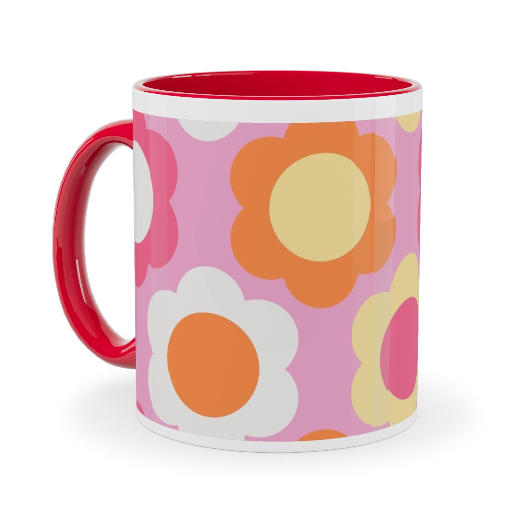 Retro Geometric Flowers - Pink and Orange Ceramic Mug, Red, , 11oz, Pink, Bright Pink