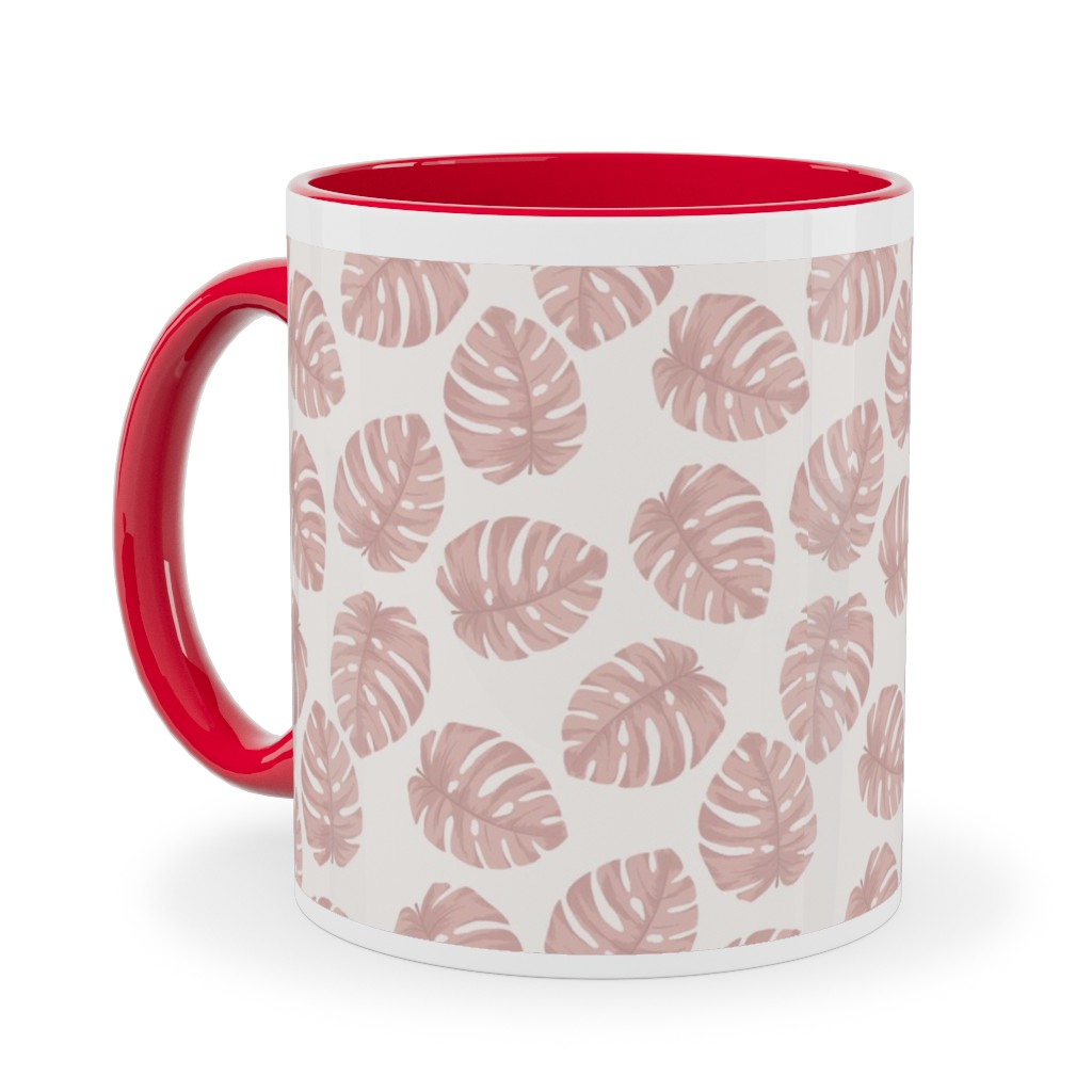 Boho Monstera Leaf - Light Pink on Off White Ceramic Mug, Red,  , 11oz, Pink
