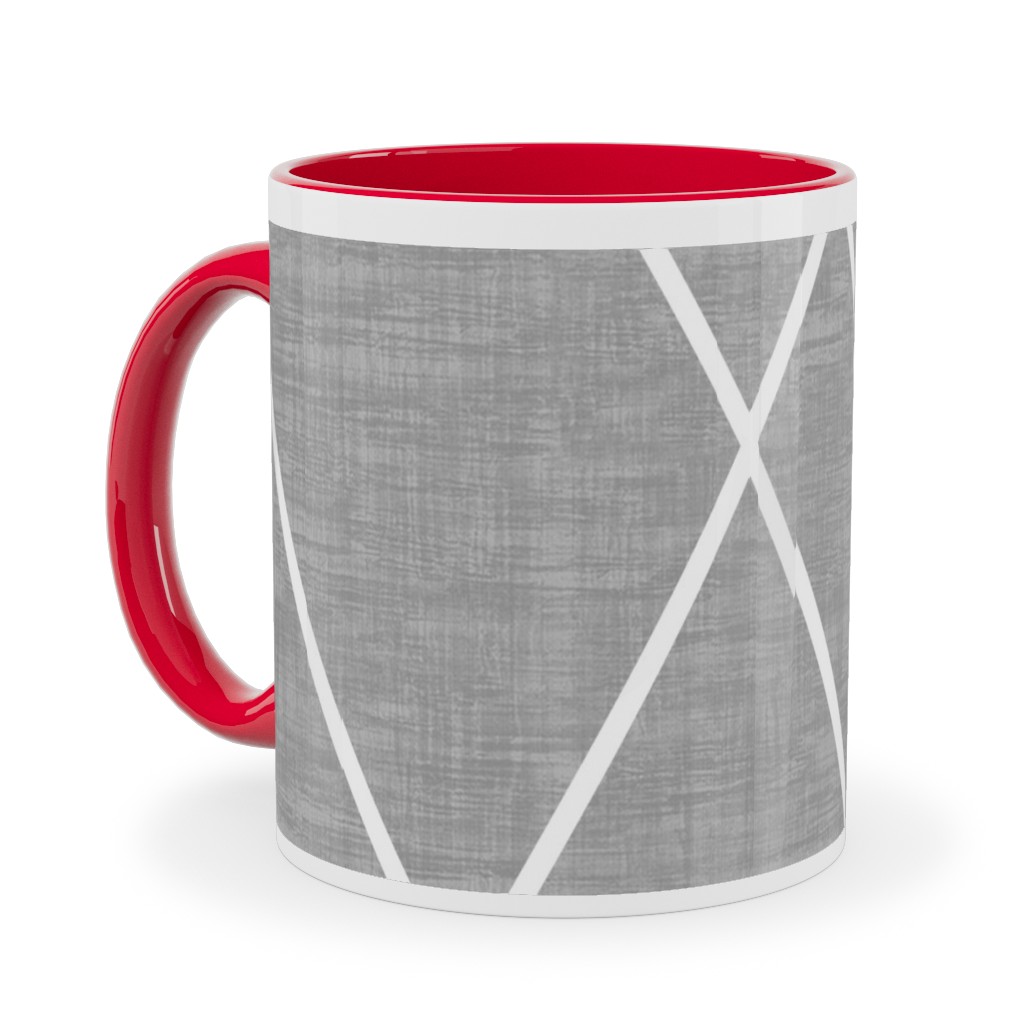 Geometric Grid - Gray Ceramic Mug, Red, , 11oz, Gray, Gray