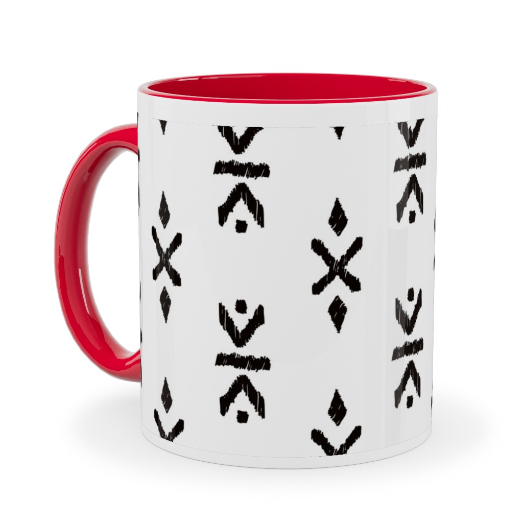 Monochrome Tribal Print - Neutral Ceramic Mug, Red, , 11oz, White, White
