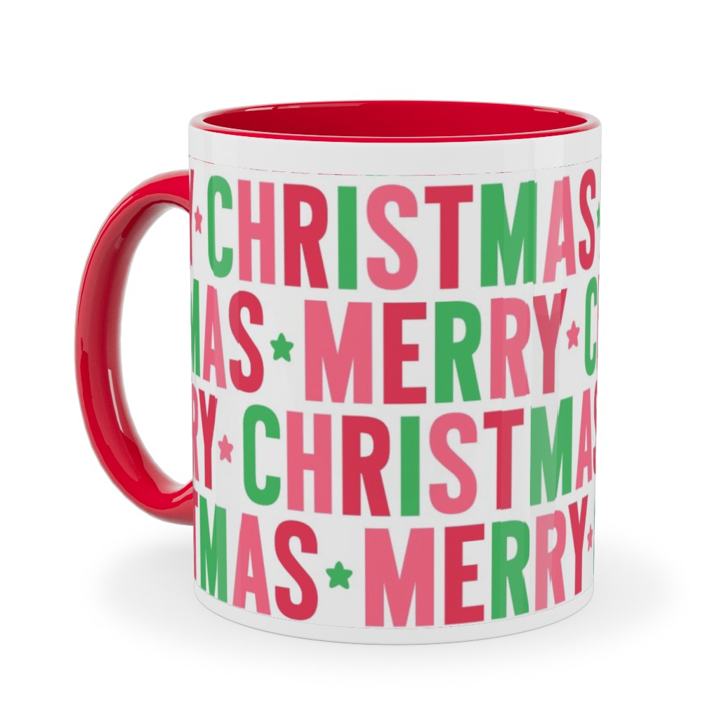 Merry Christmas Uppercase - Green, Pink, Red Ceramic Mug, Red, , 11oz, Multicolor