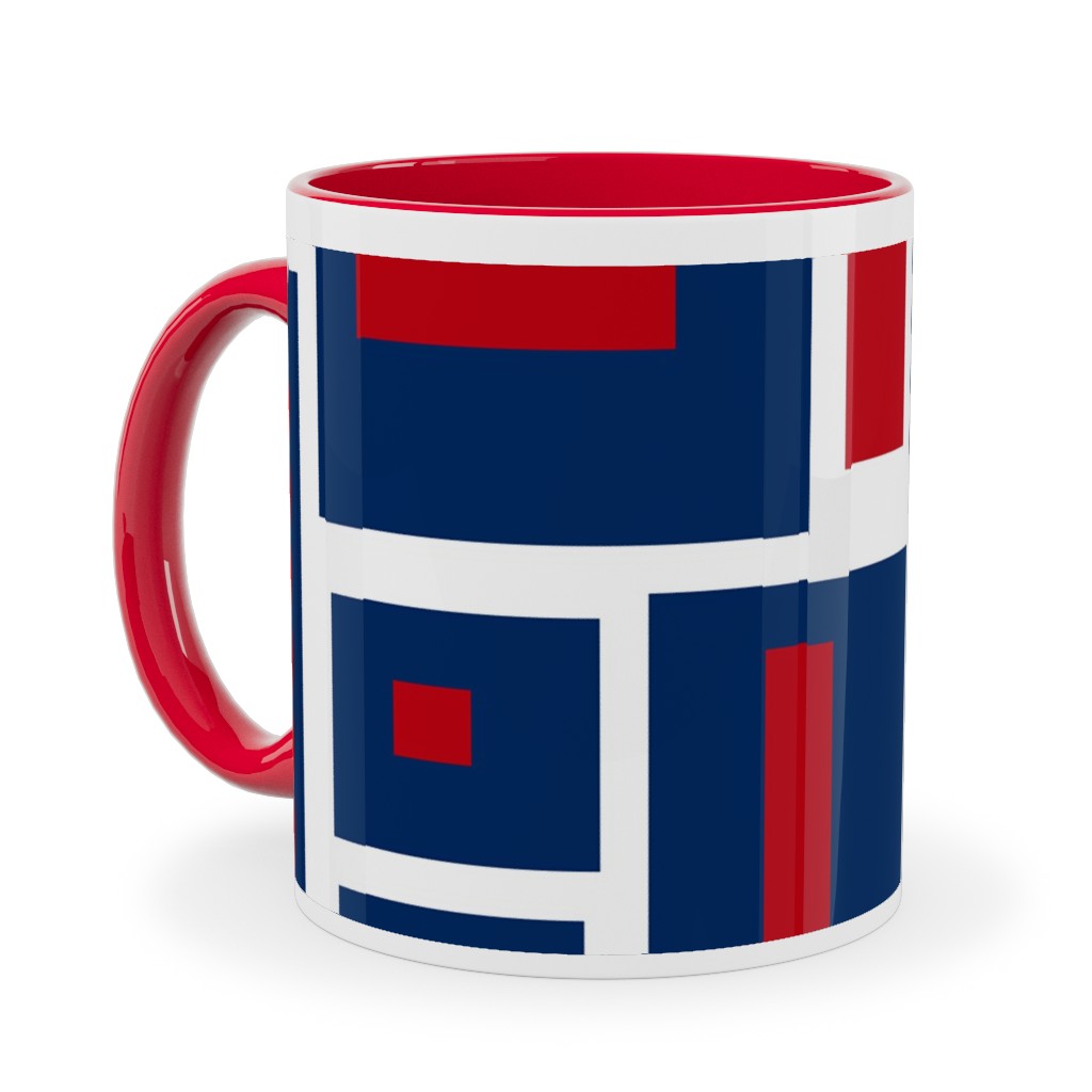 Geometric Rectangles in Red, White and Blue Ceramic Mug, Red, , 11oz, Blue, True Blue