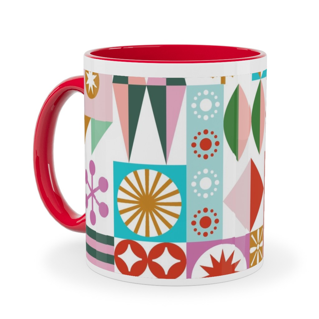 Santa's Workshop Geometric Stars Snowflakes Grid Holiday Stripes - Multi Ceramic Mug, Red,  , 11oz, Multicolor