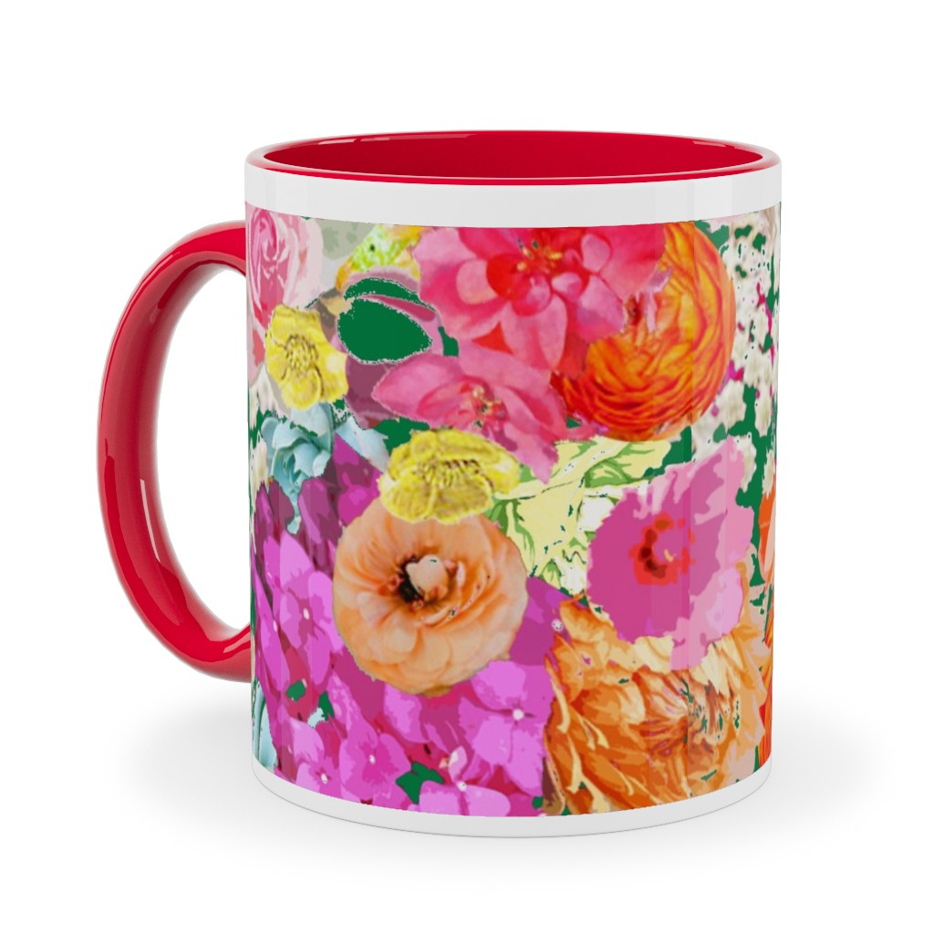 Summer Bright Floral - Kelly Green Ceramic Mug, Red, , 11oz, Pink, Bright Pink