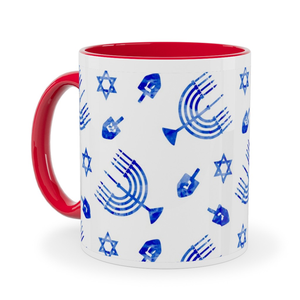 Hanukkah Watercolor Menorah, Dreidel, Star of David - Blue Ceramic Mug, Red,  , 11oz, Blue