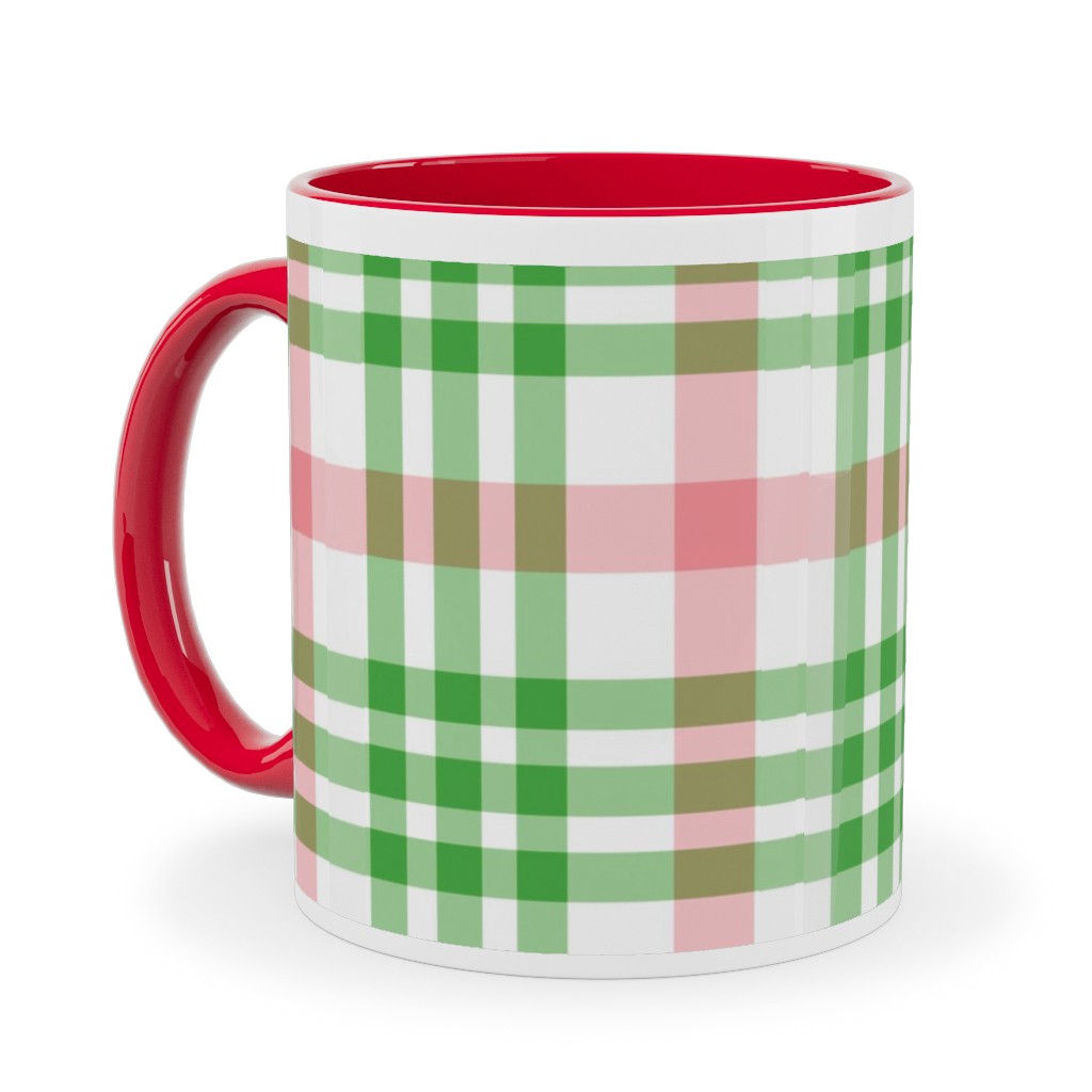 Pink, Green, and White Plaid Ceramic Mug, Red,  , 11oz, Green