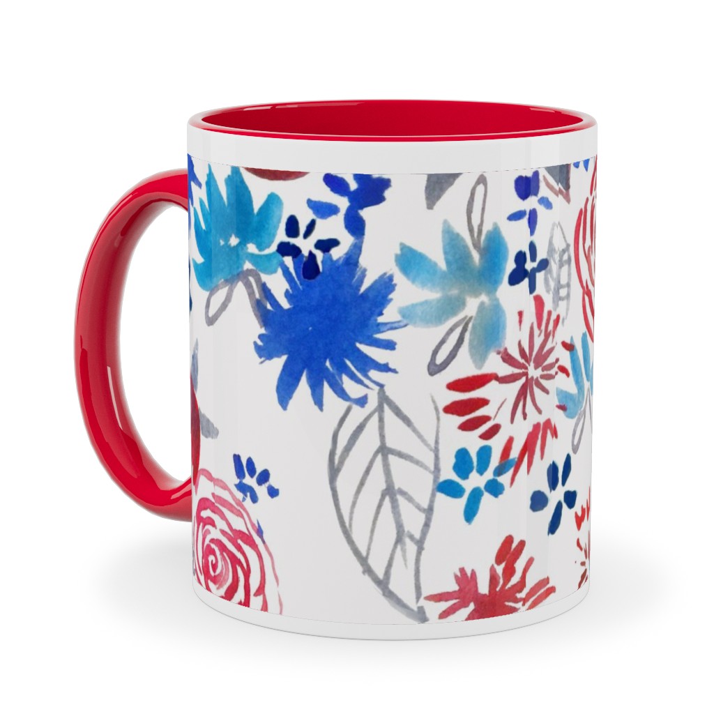 Patriotic Watercolor Floral - Red White and Blue Ceramic Mug, Red, , 11oz, Multicolor