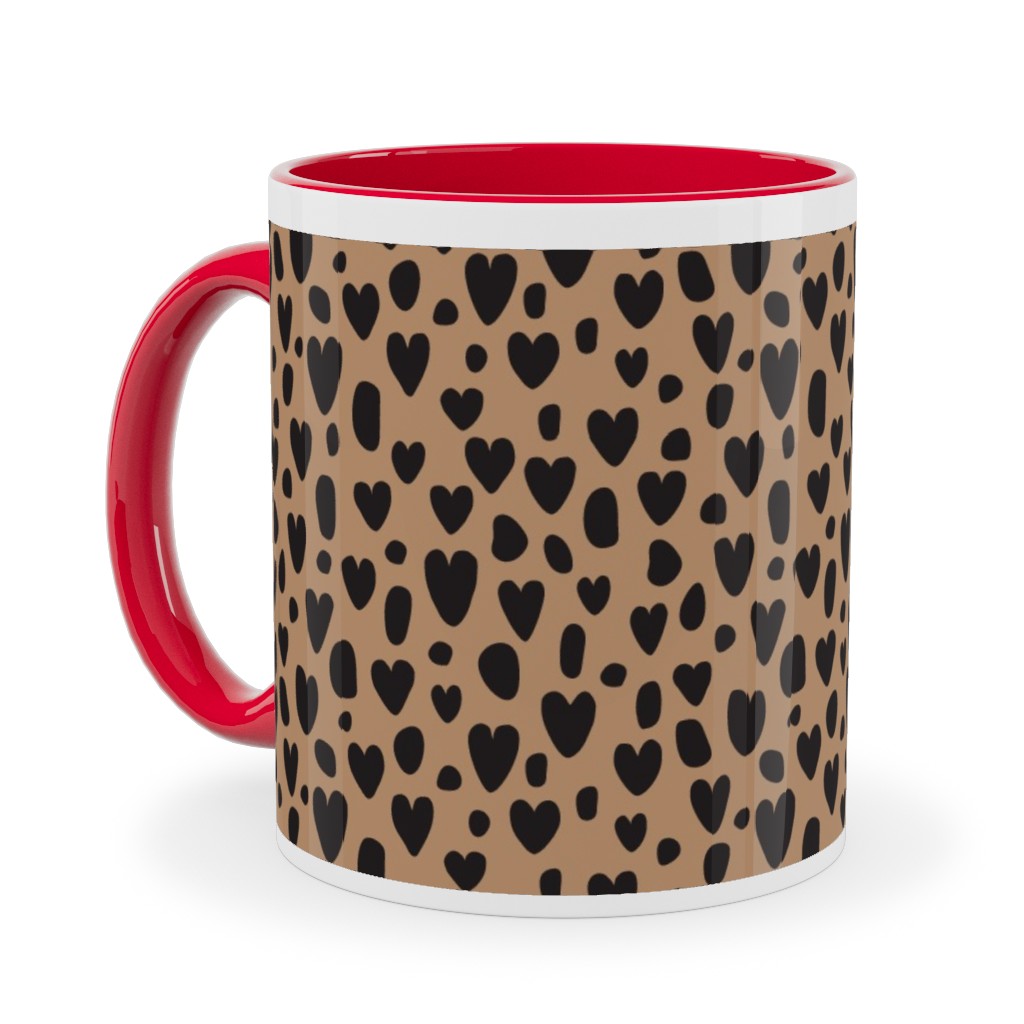 Leopard Hearts - Brown Ceramic Mug, Red, , 11oz, Brown, Brown