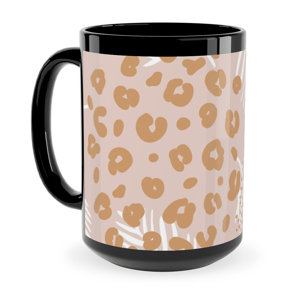 Palm Leaves and Animal Panther Spots - Beige Ceramic Mug, Black, , 15oz, Pink, Bright Pink