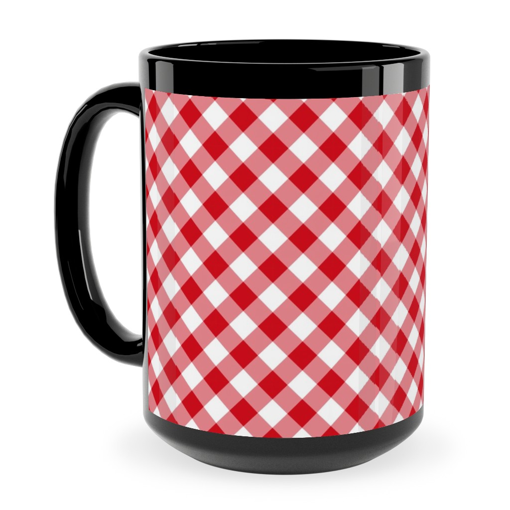 Diagonal Gingham - Red and White Ceramic Mug, Black,  , 15oz, Red