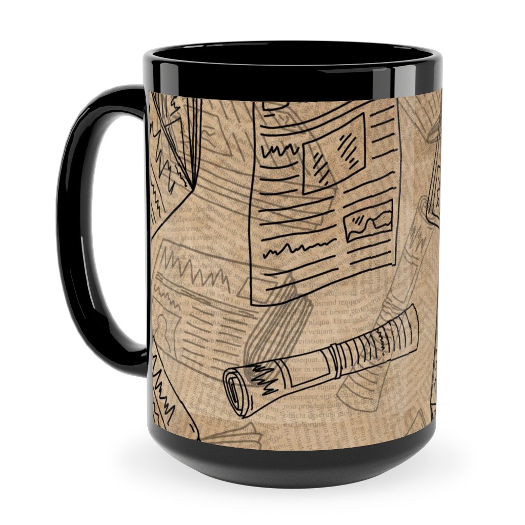 Newsprint Ceramic Mug, Black, , 15oz, Brown, Morning Latte