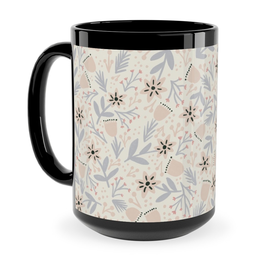 Vintage Flowers - Pastel Pink Ceramic Mug, Black,  , 15oz, Beige