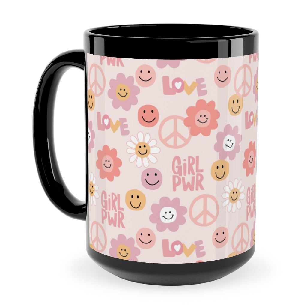 Happy Girl Power - Pink Ceramic Mug, Black, , 15oz, Pink, Bright Pink