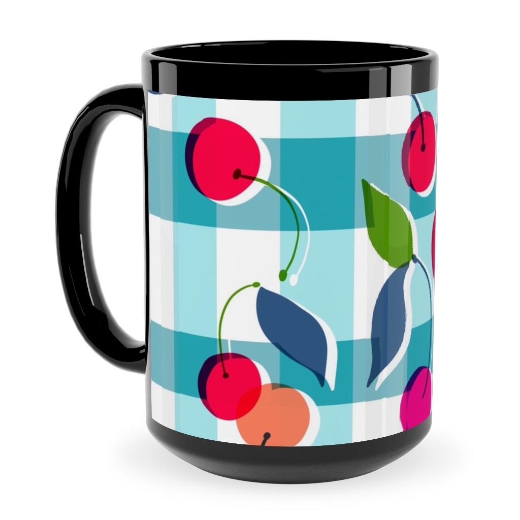 Cherry Gingham - Blue Ceramic Mug, Black,  , 15oz, Blue