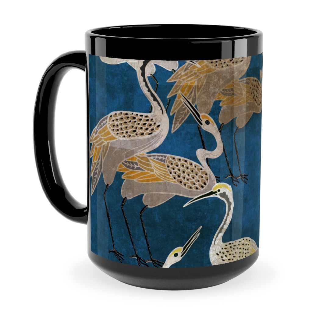 Deco Cranes - Sapphire Ceramic Mug, Black,  , 15oz, Blue