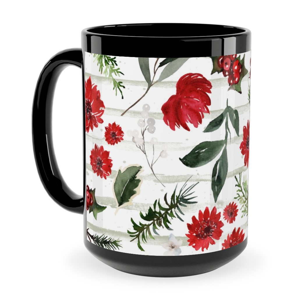 Jolly Christmas Florals - Mint Sage Stripes Ceramic Mug, Black,  , 15oz, Multicolor