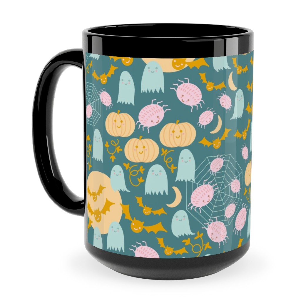 Cute Pastel Halloween Scene in Candy Colors - Pumpkin Ghost Spider Web Bat - Multi Ceramic Mug, Black,  , 15oz, Multicolor