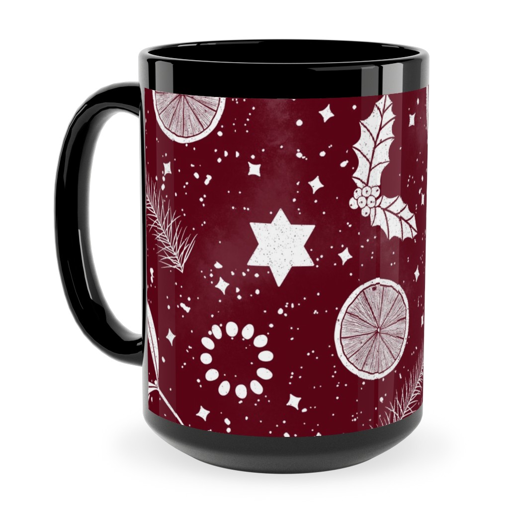 Festive Christmas Print Stars, Mistletoe, Orange, Holly and Pine Branch on Burgundy Ceramic Mug, Black, , 15oz, Red, Red