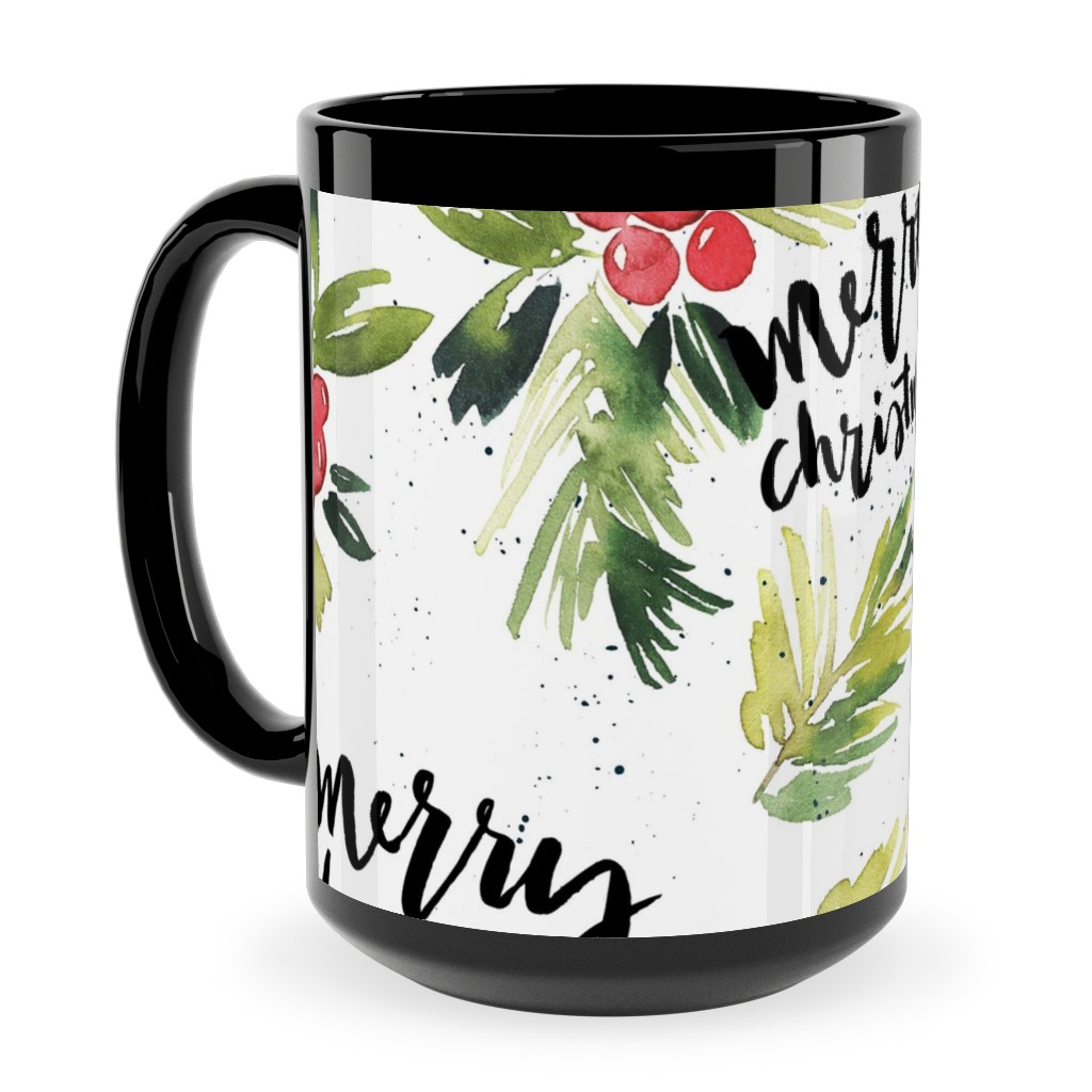 Merry Christmas Red Berry Holly Ceramic Mug, Black,  , 15oz, White
