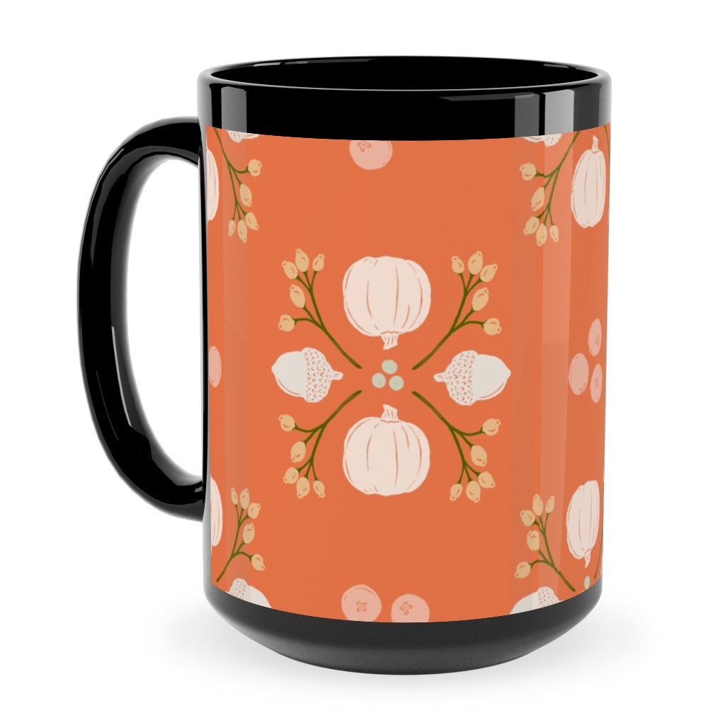 Bright Orange Acorn, Cranberry, & Pumpkin Fall Foliage Damask Ceramic Mug, Black, , 15oz, Orange, Orange