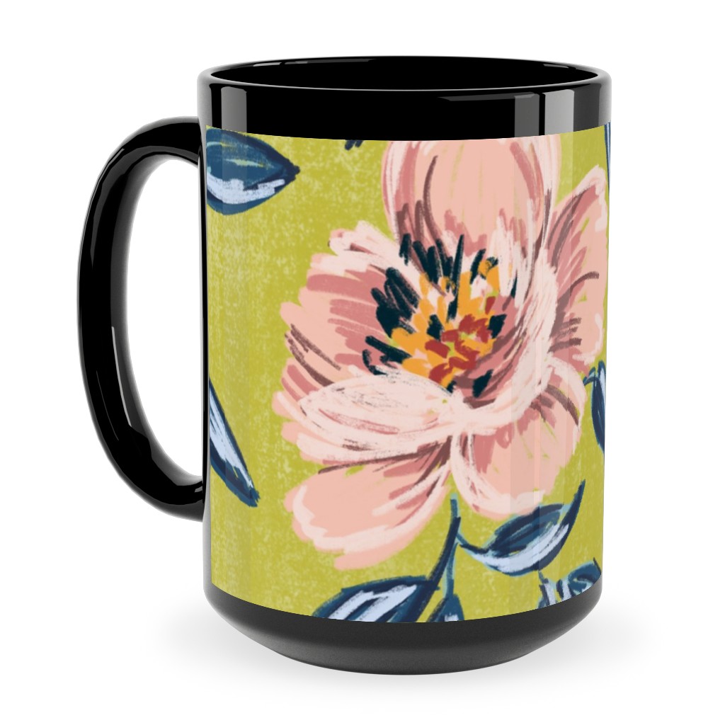 Pink Peonies Ceramic Mug, Black, , 15oz, Green, Classic Green