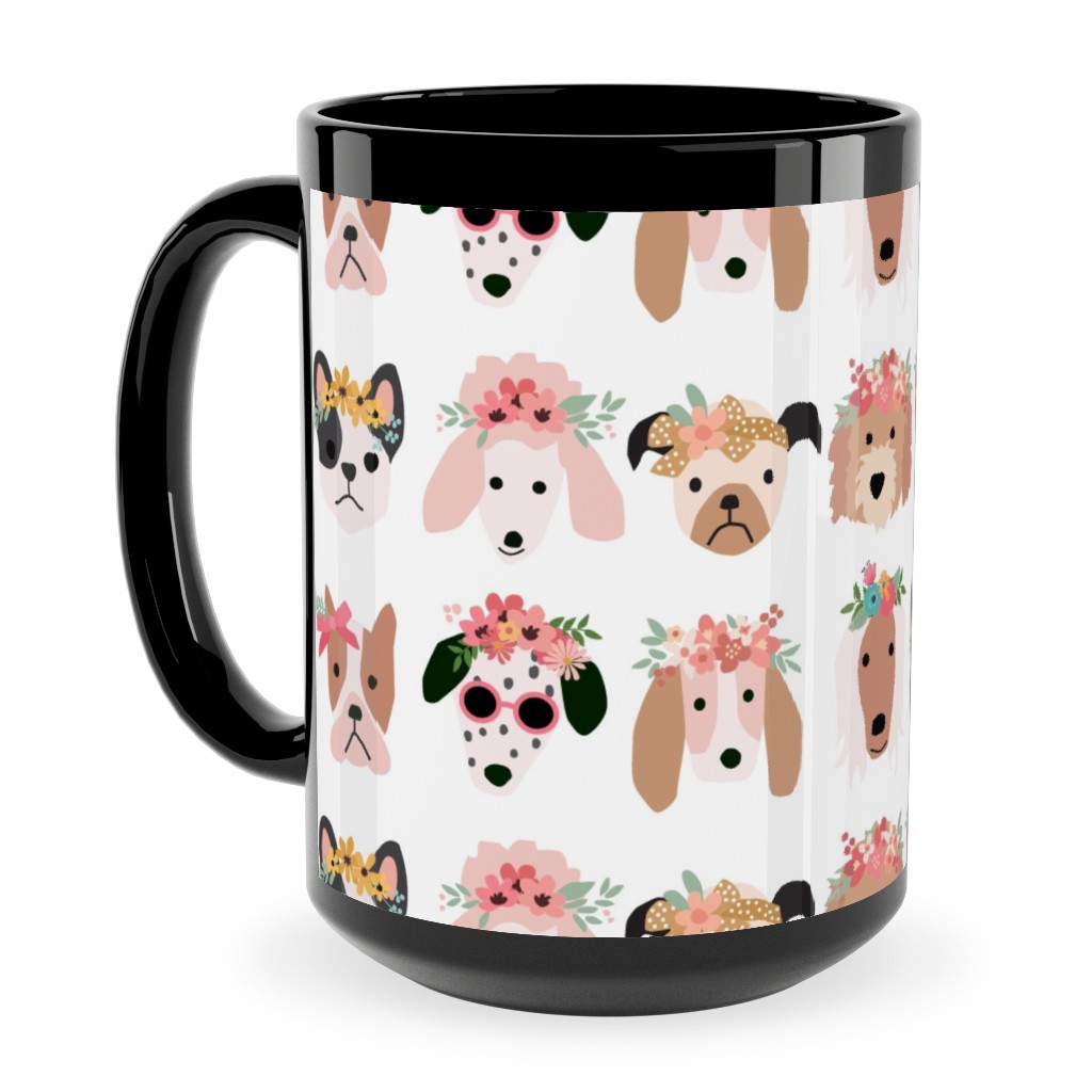 Puppy Dogs With Floral Crowns Ceramic Mug, Black, , 15oz, Multicolor