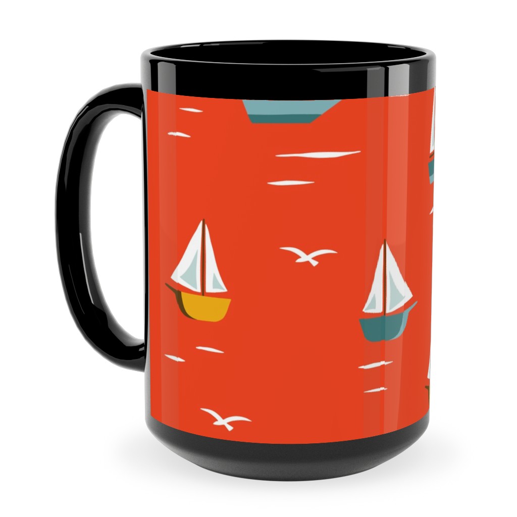 Sailboats Ceramic Mug, Black, , 15oz, Red, New Year