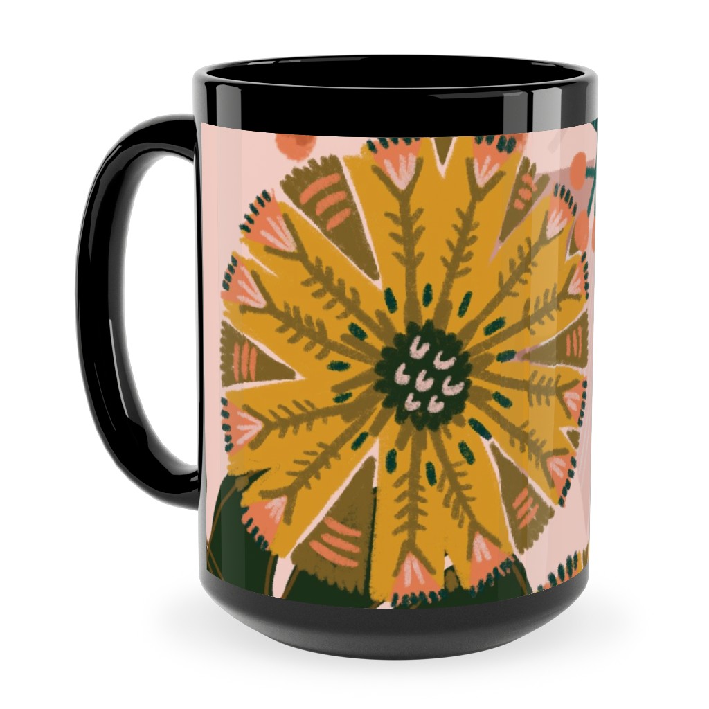 Boho Tropical - Floral - Pink Ceramic Mug, Black, , 15oz, Multicolor