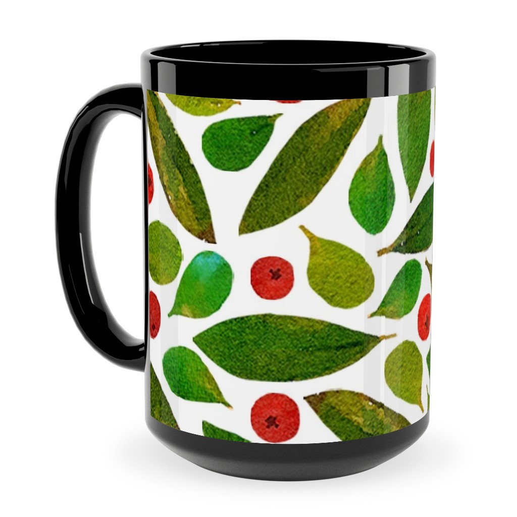 Holiday Greens and Berries Ceramic Mug, Black, , 15oz, Green, Classic Green