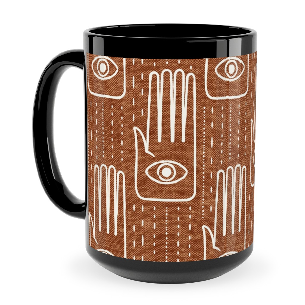 Adorned Palm Hands on Woven Ginger Ceramic Mug, Black, , 15oz, Orange, Orange