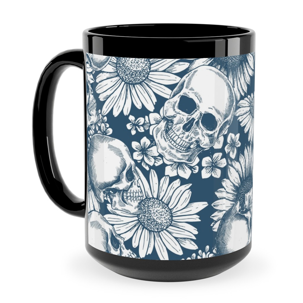 Floral Skull - Blue Ceramic Mug, Black,  , 15oz, Blue