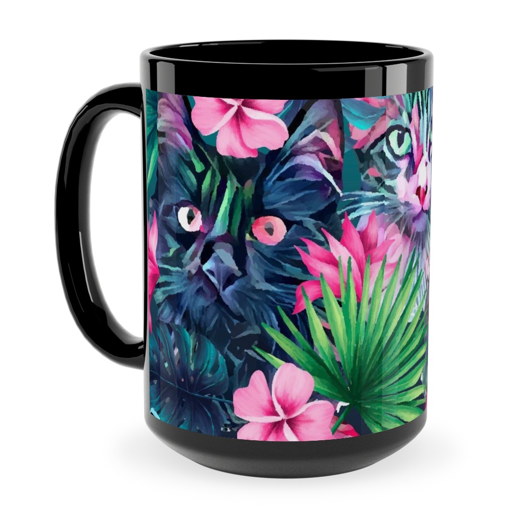 Summer Floral Cats - Multi Ceramic Mug, Black,  , 15oz, Multicolor