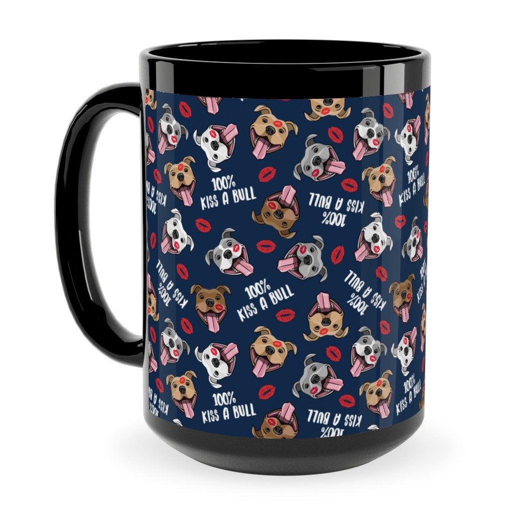 100% Kiss a Bull - Cute Pit Bull Dog - Red and Blue Ceramic Mug, Black,  , 15oz, Blue