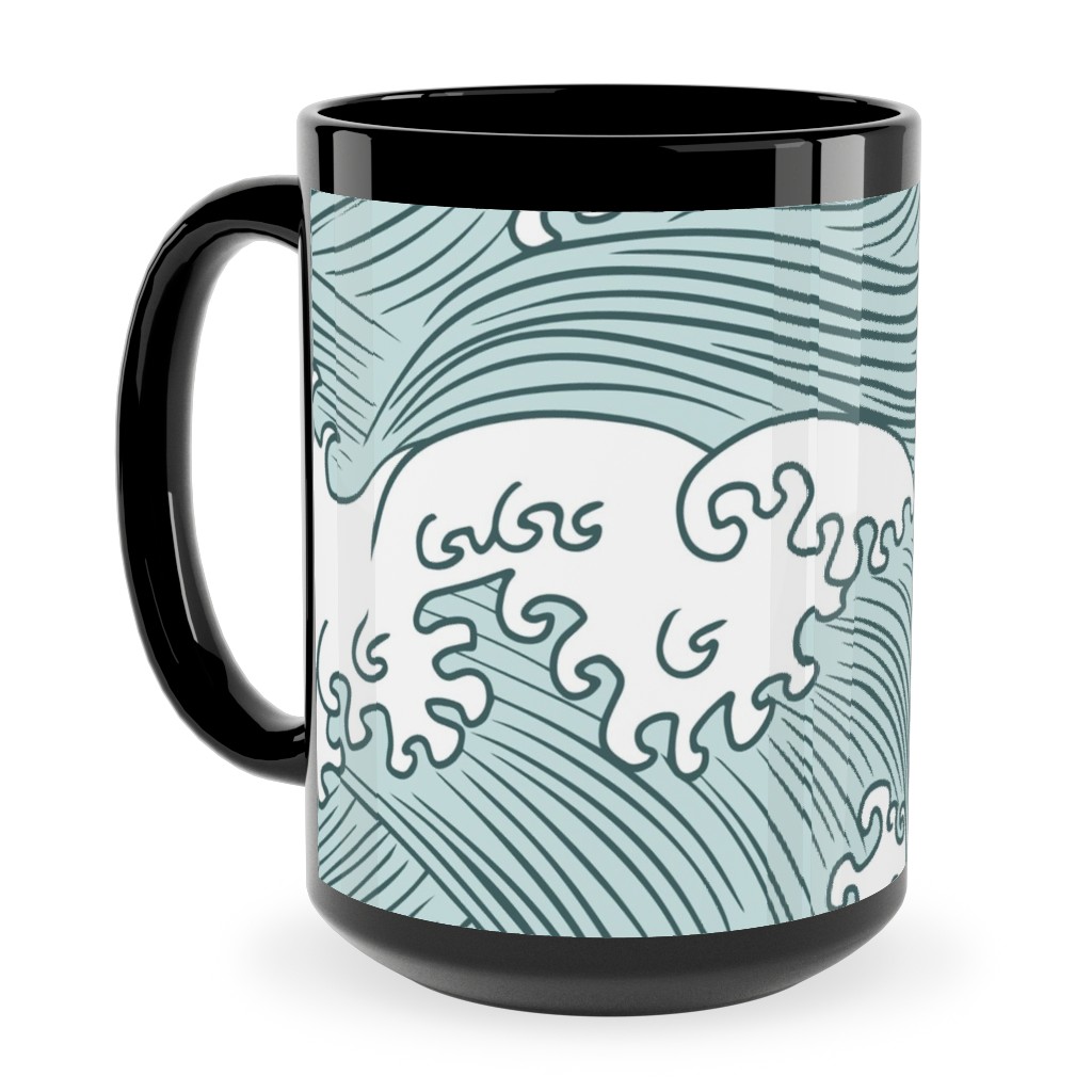 Japanese Waves Ceramic Mug, Black,  , 15oz, Blue