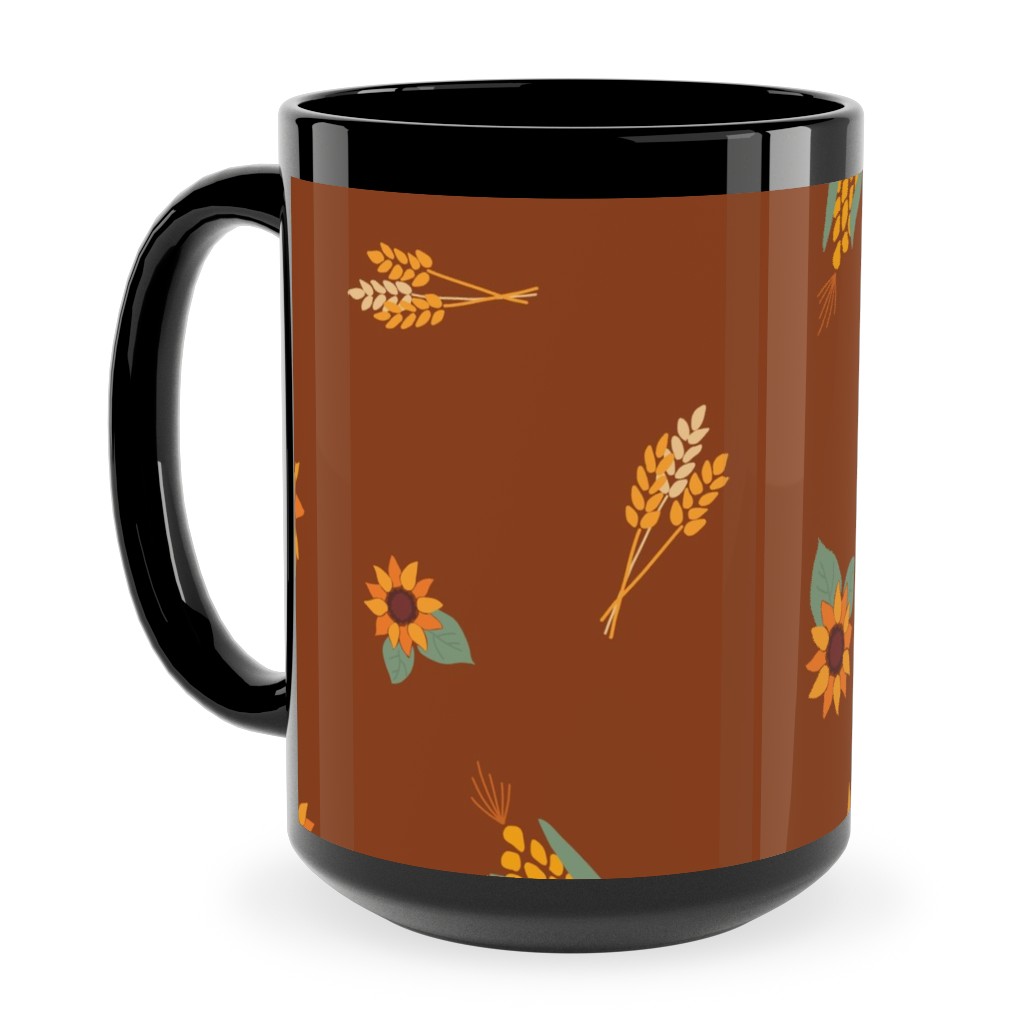 Corn & Sunflowers Ceramic Mug, Black,  , 15oz, Brown