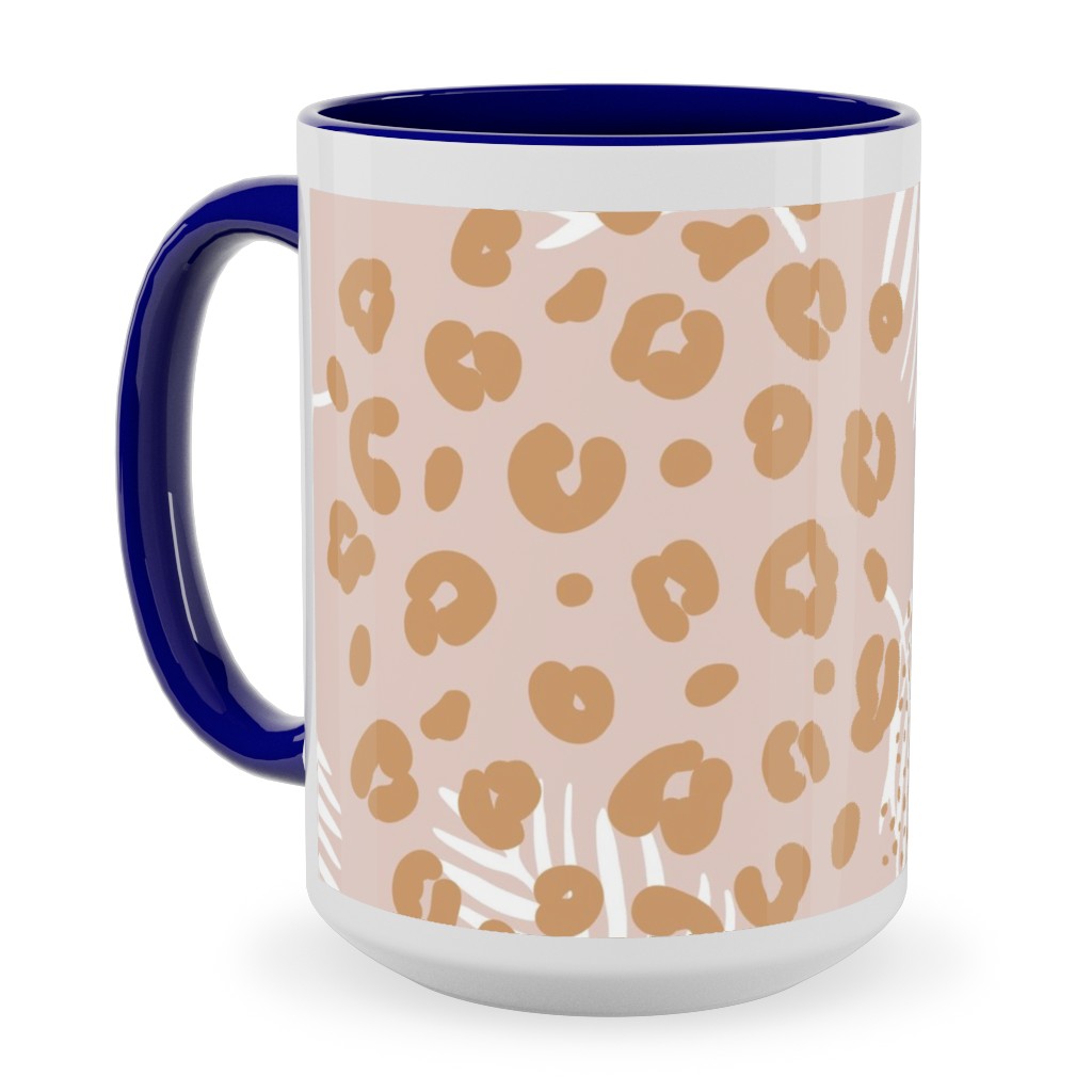 Palm Leaves and Animal Panther Spots - Beige Ceramic Mug, Blue, , 15oz, Pink, Bright Pink