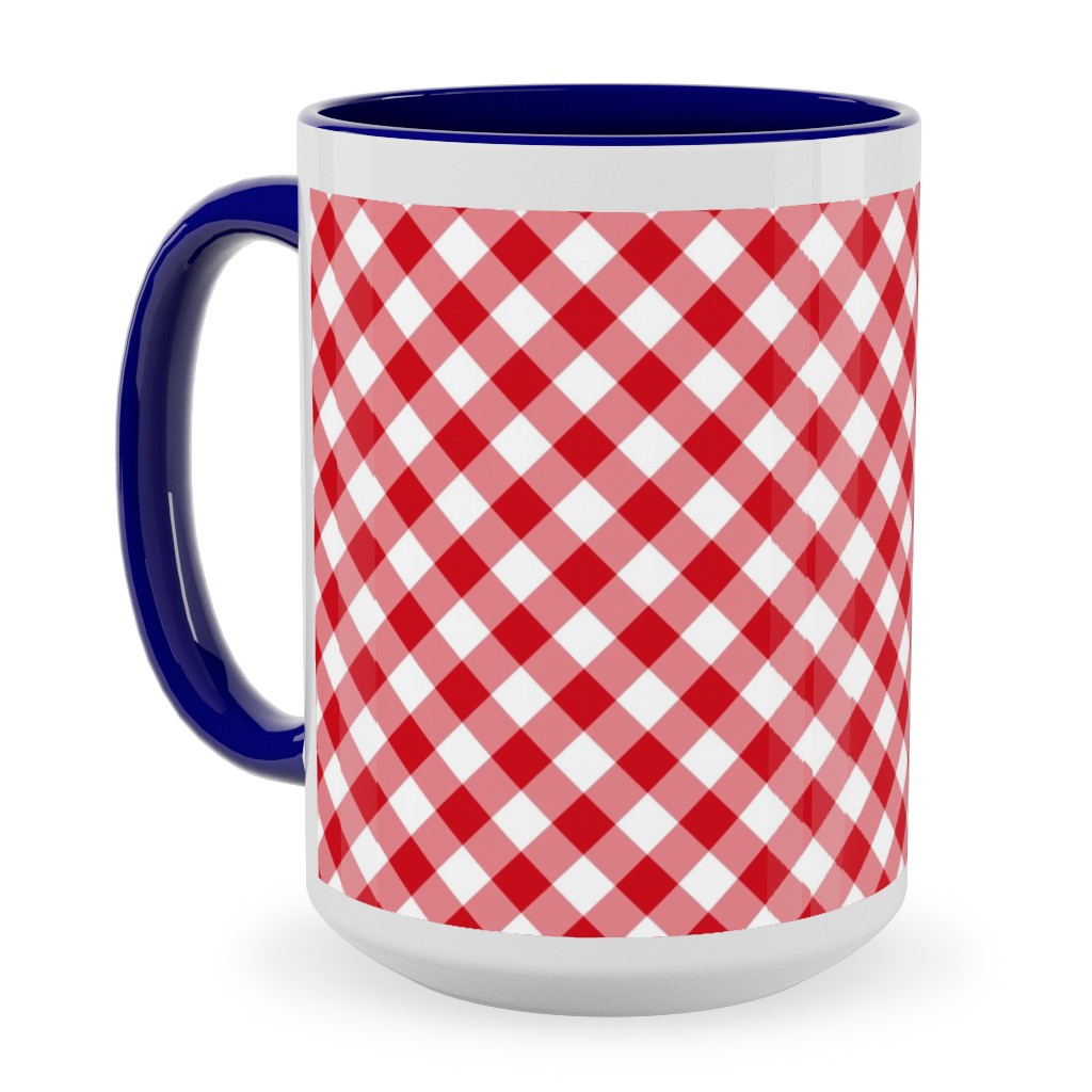 Diagonal Gingham - Red and White Ceramic Mug, Blue,  , 15oz, Red