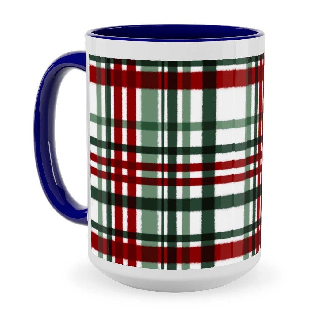 Intricate Plaid Ceramic Mug, Blue, , 15oz, Green, Brown