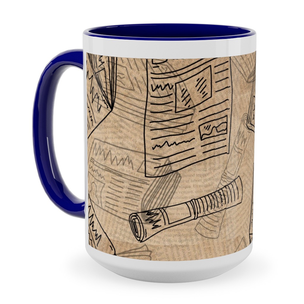 Newsprint Ceramic Mug, Blue, , 15oz, Brown, Morning Latte