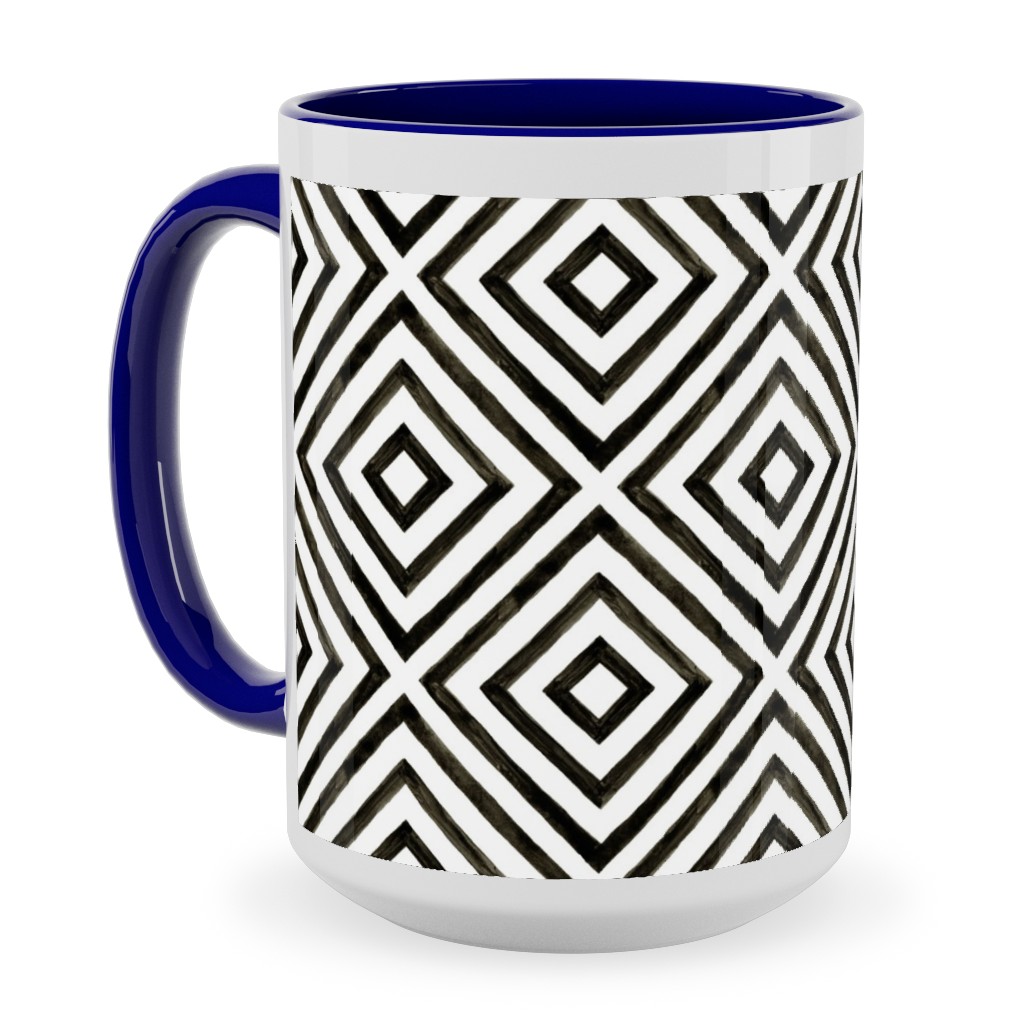 Diamond Pattern - Black and White Ceramic Mug, Blue,  , 15oz, Black