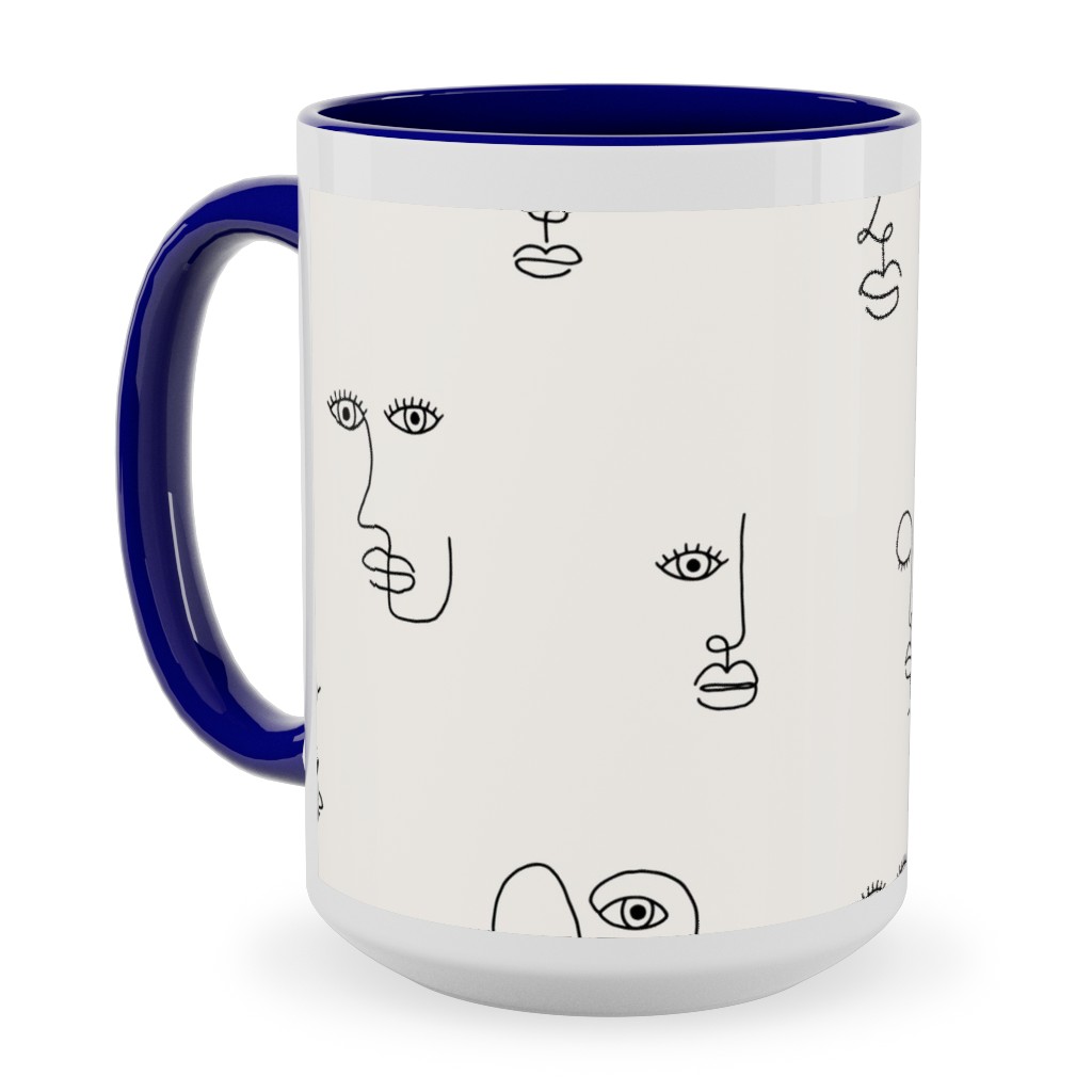 Minimalist Feminist Faces - Line Drawing Ceramic Mug, Blue, , 15oz, Beige, Pearl