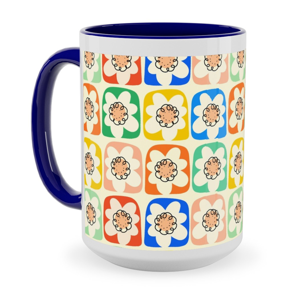 Abstract Retro Flower Doodle Squares - Multi Ceramic Mug, Blue, , 15oz, Multicolor