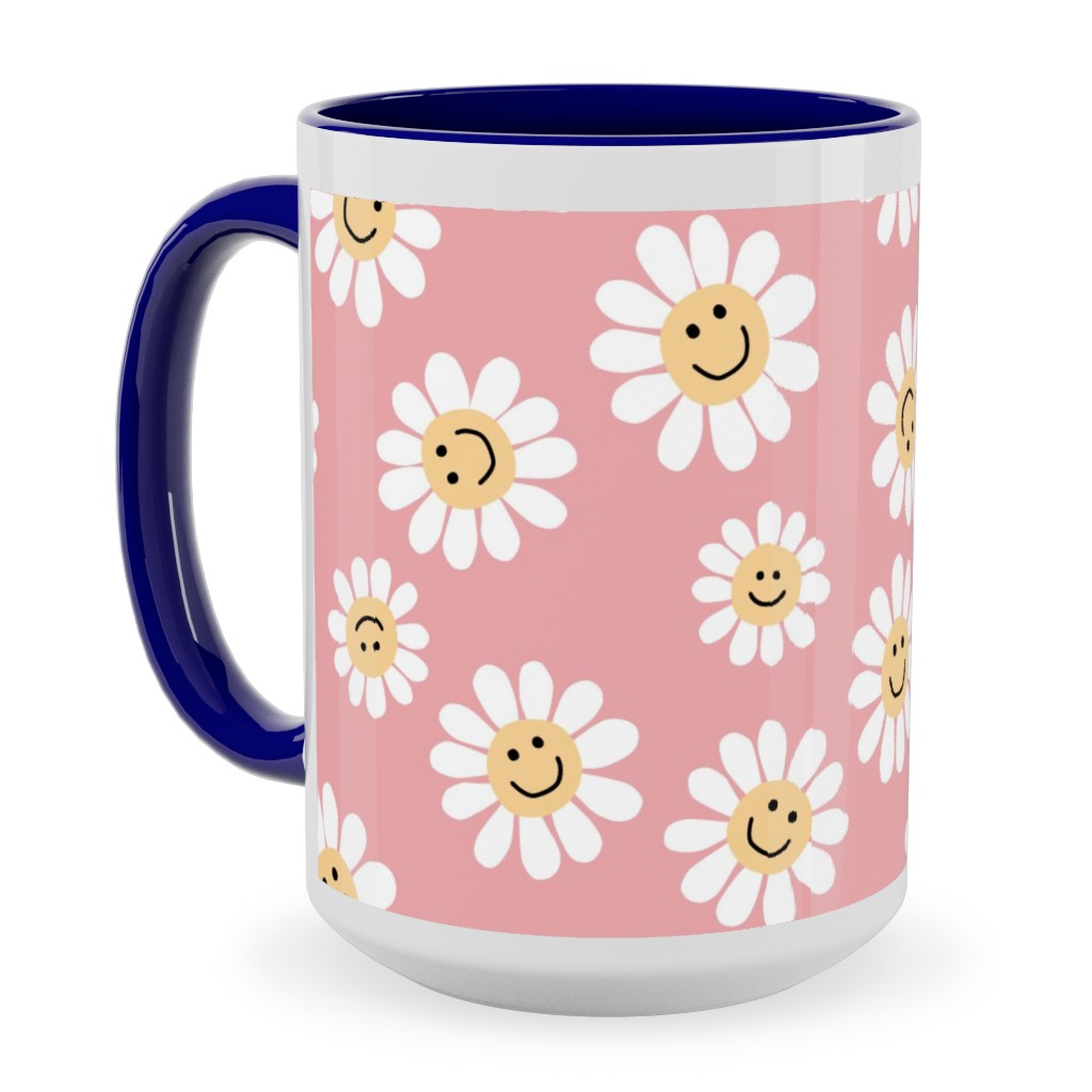 Smiley Daisy Flowers - Pink Ceramic Mug, Blue,  , 15oz, Pink