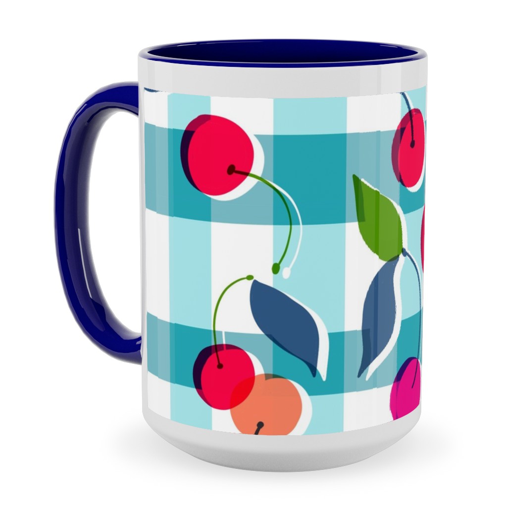 Cherry Gingham - Blue Ceramic Mug, Blue, , 15oz, Blue, True Blue