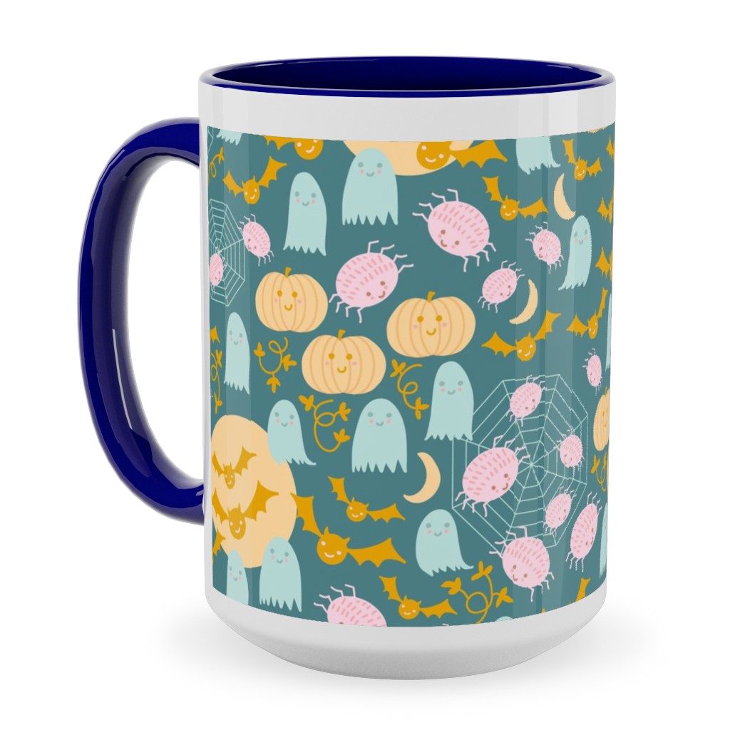 Cute Pastel Halloween Scene in Candy Colors - Pumpkin Ghost Spider Web Bat - Multi Ceramic Mug, Blue,  , 15oz, Multicolor