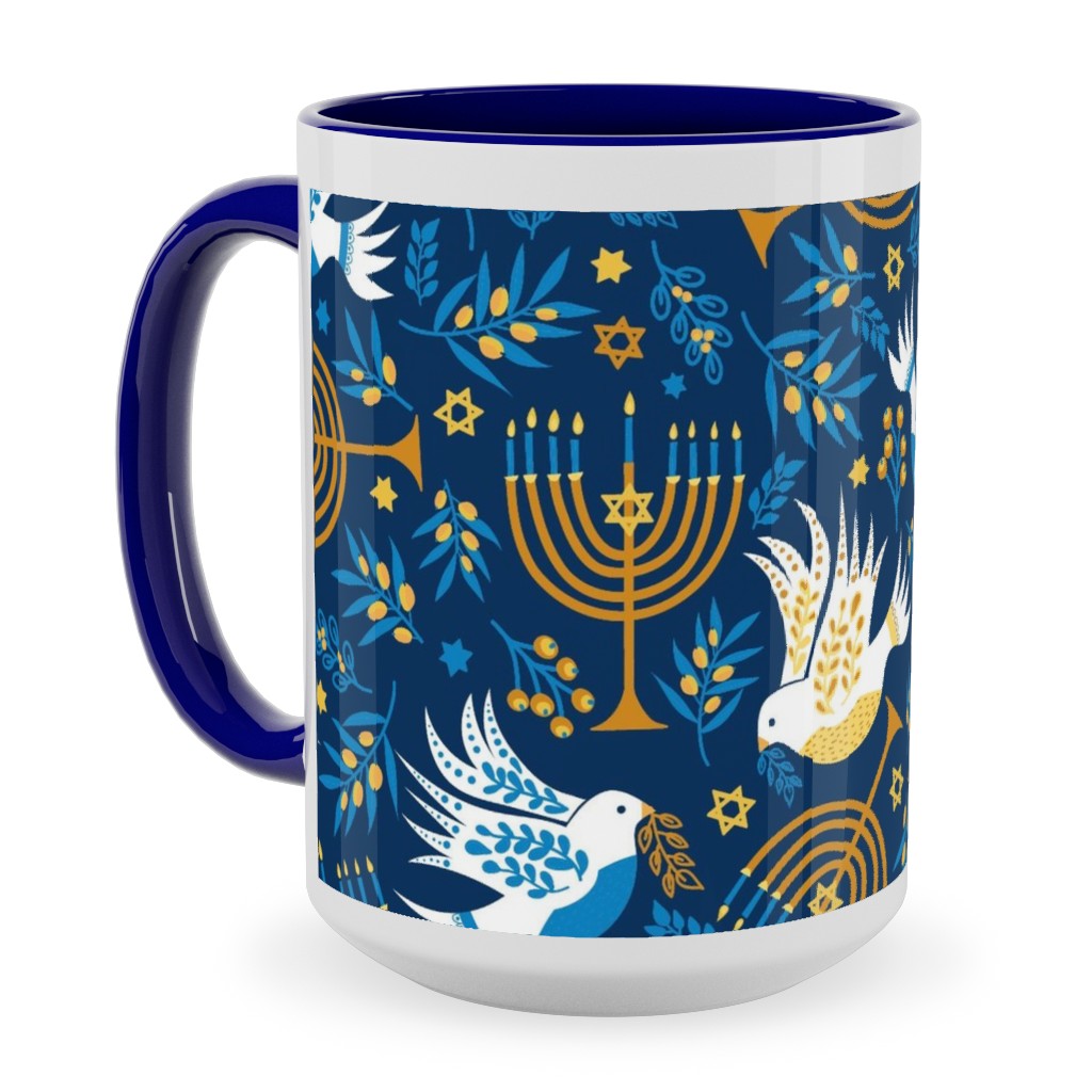 Hanukkah Birds and Menorahs - Dark Blue Ceramic Mug, Blue,  , 15oz, Blue
