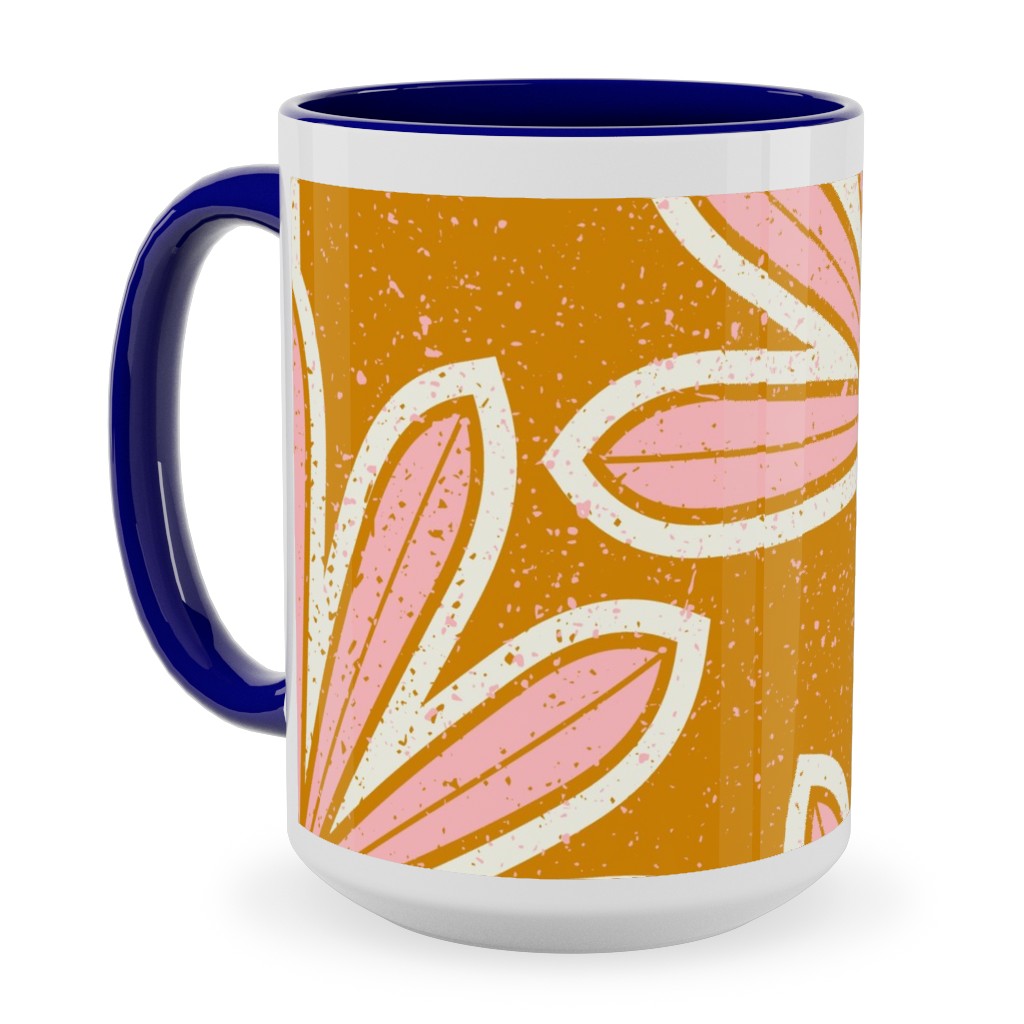 Mid Century Palm Leaf Ceramic Mug, Blue, , 15oz, Pink, Bright Pink