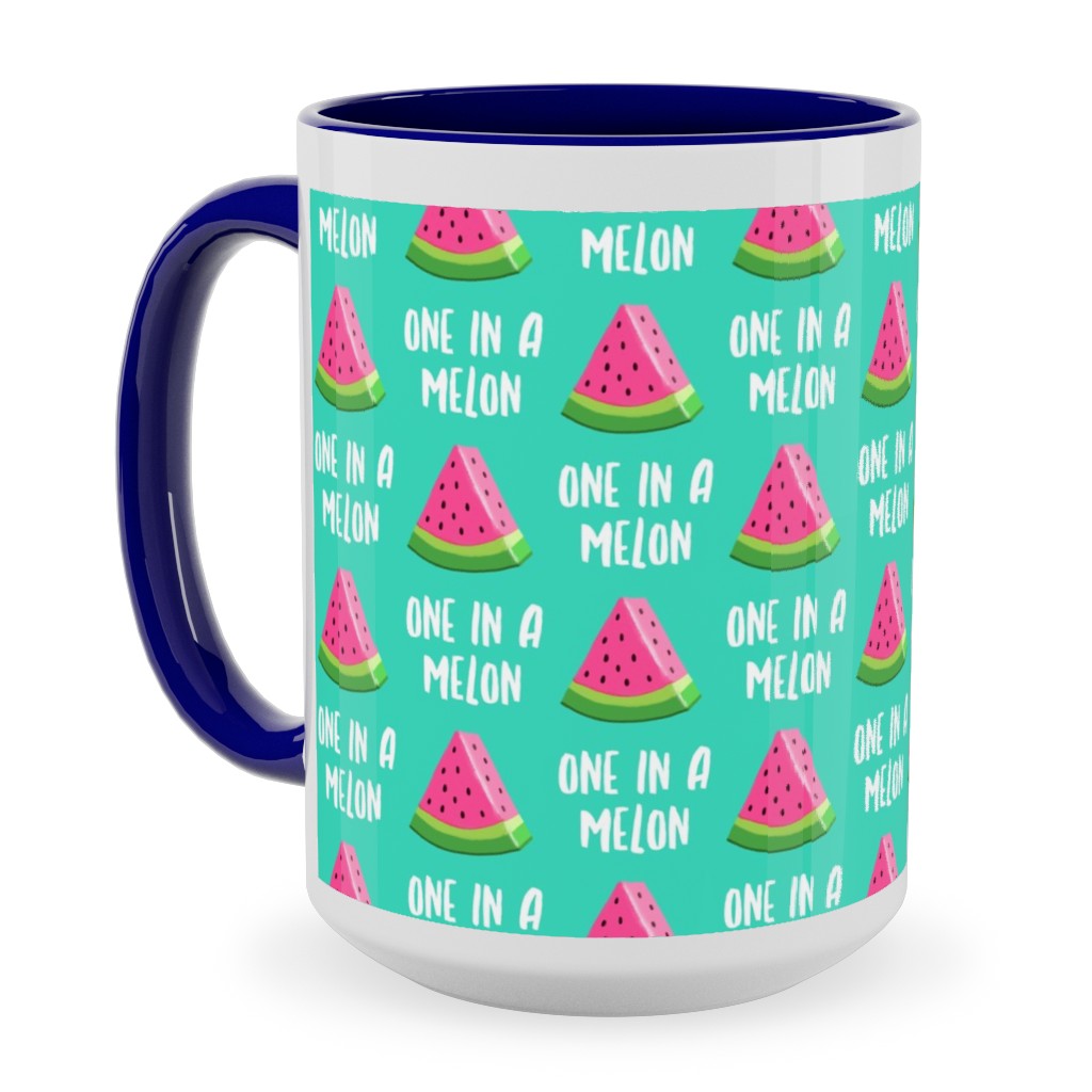 One in a Melon - Watermelon - Pink on Teal Ceramic Mug, Blue, , 15oz, Green, Classic Green