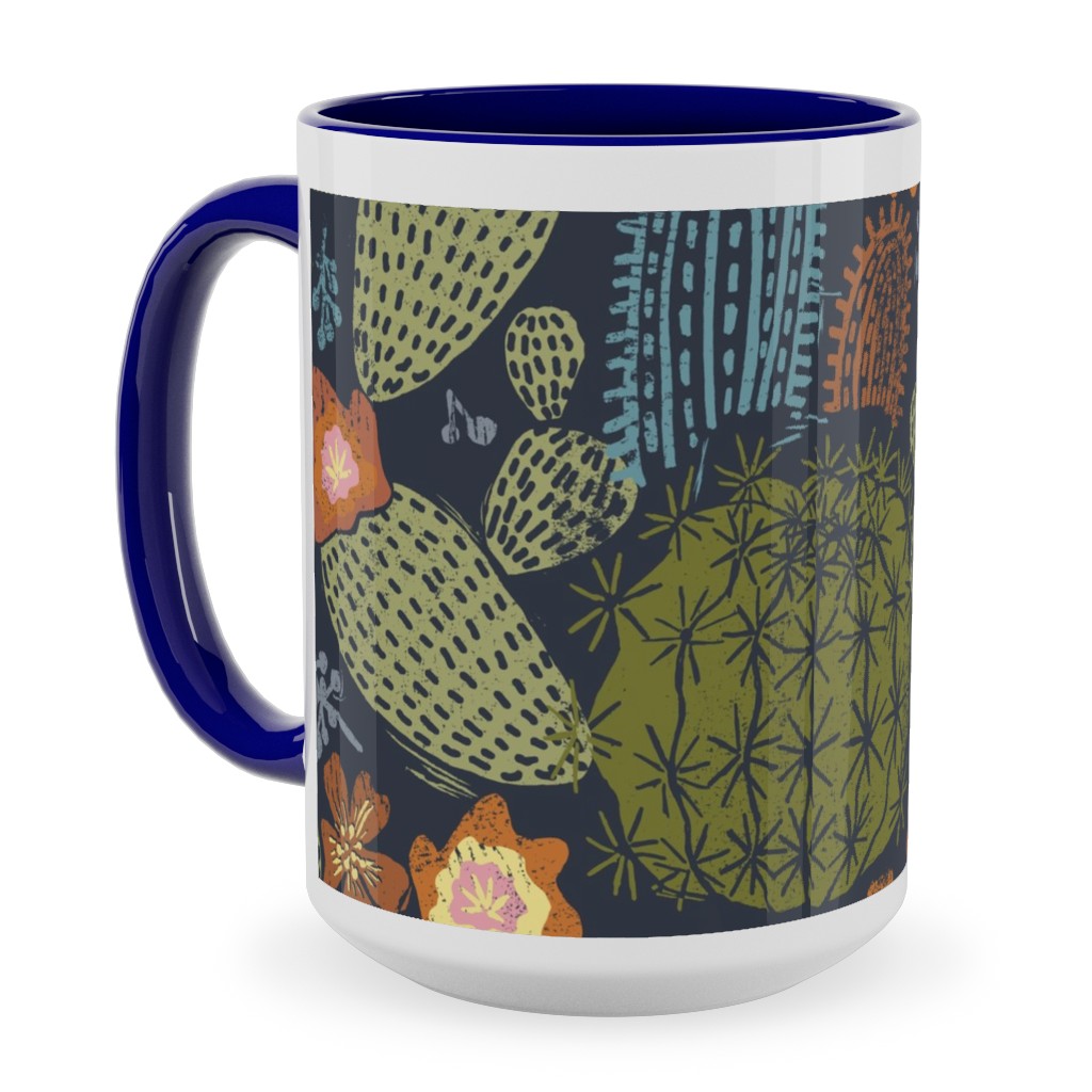 Cactus Garden - Block Print Style - Dark Ceramic Mug, Blue,  , 15oz, Green