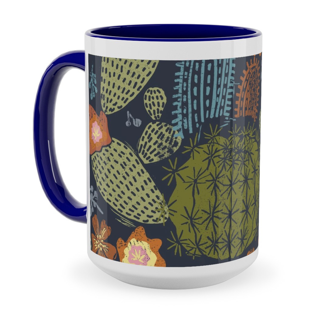 Cactus Garden - Block Print Style - Dark Ceramic Mug, Blue, , 15oz, Green, Classic Green